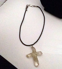 Clear Quartz Crystal Cross 4 Points necklace apx. 2 1/2" with Brown Cord necklace