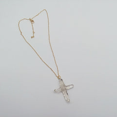 Clear Quartz Crystal Cross 4 Points necklace apx. 1.5" with Goldtone Chain