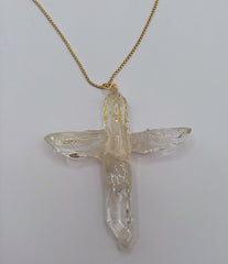 Clear Quartz Crystal Cross necklace 2 3/4" with a Goldtone 22" adjustable chain