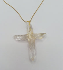 Clear Quartz Crystal Cross necklace 2 3/4" with a Goldtone 22" adjustable chain