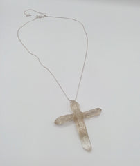 Clear Quartz Crystal Cross necklace 2 7/8" with a silvertone 22" adjustable chain