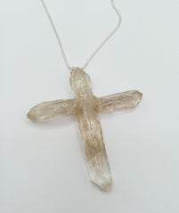 Clear Quartz Crystal Cross necklace 2 7/8" with a silvertone 22" adjustable chain
