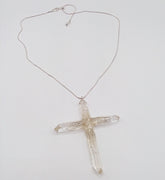Clear Quartz Crystal Cross necklace 3 1/4" with a silvertone 22" adjustable chain