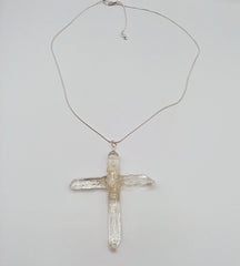 Clear Quartz Crystal Cross necklace 3" with a silvertone 22" adjustable chain
