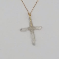 Clear Quartz Crystal Cross 4 Points necklace apx. 1 5/8" with a Goldtone Chain