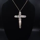 Clear Quartz Crystal Cross necklace 3 3/4" with a Goldtone 22" adjustable chain