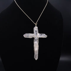 Clear Quartz Crystal Cross necklace 3 3/4" with a Goldtone 22" adjustable chain