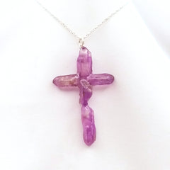 Quartz Purple Titanium Cross necklace 2 3/4" witha Silvertone chain
