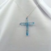 Blue Titanium Quartz Cross necklace 2 1/2" with Silvertone chain