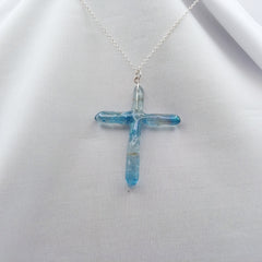 Blue Titanium Quartz Cross necklace 2 1/2" with Silvertone chain