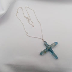 Blue Titanium Quartz Cross necklace 2" with Silvertone chain