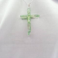 Titanium Green Quartz Cross necklace 3" with Silvertone chain
