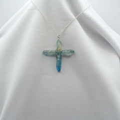 Quartz Cross Titanium Blue necklace 2" with Silvertone chain