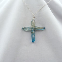 Quartz Cross Titanium Blue necklace 2" with Silvertone chain