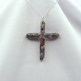 Rainbow Titanium Quartz Cross necklace 2 3/8" with Silvertone chain