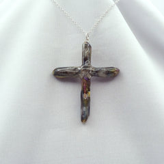 Rainbow Titanium Quartz Cross necklace 2 3/8" with Silvertone chain