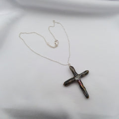 Rainbow Titanium Quartz Cross necklace 2 3/8" with Silvertone chain