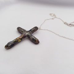 Rainbow Titanium Quartz Cross necklace 2 3/8" with Silvertone chain