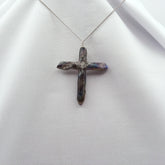 Rainbow Titanium Quartz Cross necklace 2" with Silvertone chain