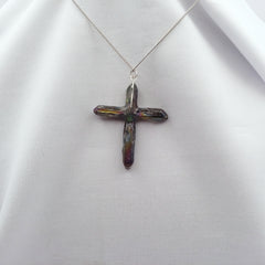Rainbow Titanium Quartz Cross necklace 2" with Silvertone chain