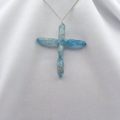 Titanium Blue Quartz Cross necklace 2 5/8" with Silvertone chain