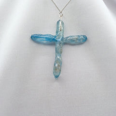 Titanium Blue Quartz Cross necklace 2 5/8" with Silvertone chain