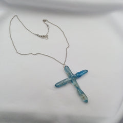 Titanium Blue Quartz Cross necklace 2 5/8" with Silvertone chain