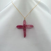 Red Titanium Quartz Cross necklace 2" with Goldtone Chain