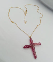 Red Titanium Quartz Cross necklace 2" with Goldtone Chain