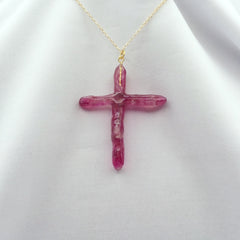 Red Titanium Quartz Cross necklace 2 3/8" with Goldtone chain