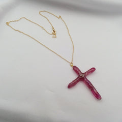 Red Titanium Quartz Cross necklace 2 3/8" with Goldtone chain