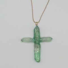 Green Titanium Quartz Cross necklace 2 3/4" with Goldtone chain