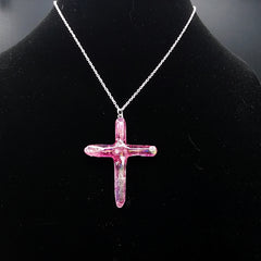 Red Titanium Quartz Cross necklace 2 1/8" with Silvertone chain
