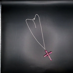 Red Titanium Quartz Cross necklace 2 1/8" with Silvertone chain