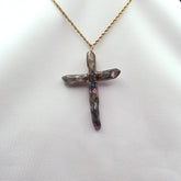 Rainbow Titanium Quartz Cross necklace 2 3/4" with Gold Chain