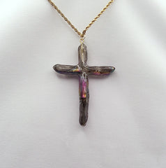 Rainbow Titanium Quartz Cross necklace 2 3/4" with Gold Chain