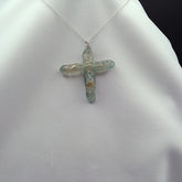 Blue Titanium Quartz Cross necklace 2" with silvertone chain