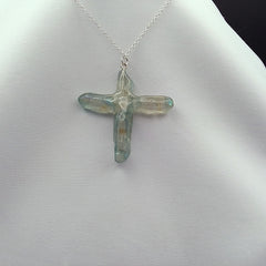 Blue Titanium Quartz Cross necklace 2" with silvertone chain