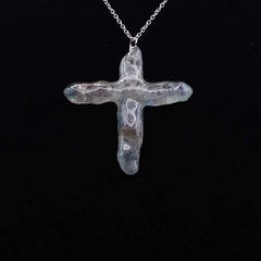Blue Titanium Quartz Cross necklace 2" with silvertone chain