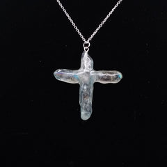 Blue Titanium Quartz Cross necklace 2" with silvertone chain