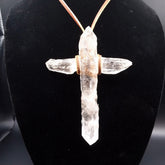 Clear Quartz Crystal Cross 4 Points necklace 5" Large with Leather cord