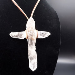 Clear Quartz Crystal Cross 4 Points necklace 5" Large with Leather cord
