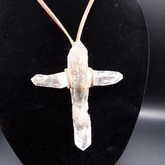 Clear Quartz Crystal Cross 4 Points necklace 5" Large with Leather cord