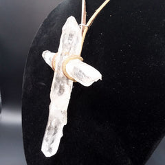 Clear Quartz Crystal Cross 4 Points necklace 5" Large with Leather cord