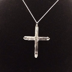 Clear Quartz Crystal Cross 4 Points necklace 2 3/8" silver tone chain