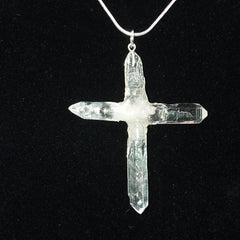 Clear Quartz Crystal Cross 4 Points necklace 2 3/8" Silvertone chain