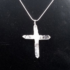 Clear Quartz Crystal Cross 4 Points necklace 2 3/8" Silvertone chain