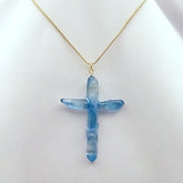 Blue Titanium Quartz Cross necklace 2 1/2" with Gold tone chain
