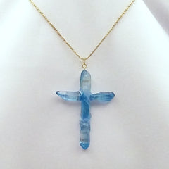 Blue Titanium Quartz Cross necklace 2 1/2" with Gold tone chain