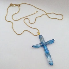 Blue Titanium Quartz Cross necklace 2 1/2" with Gold tone chain